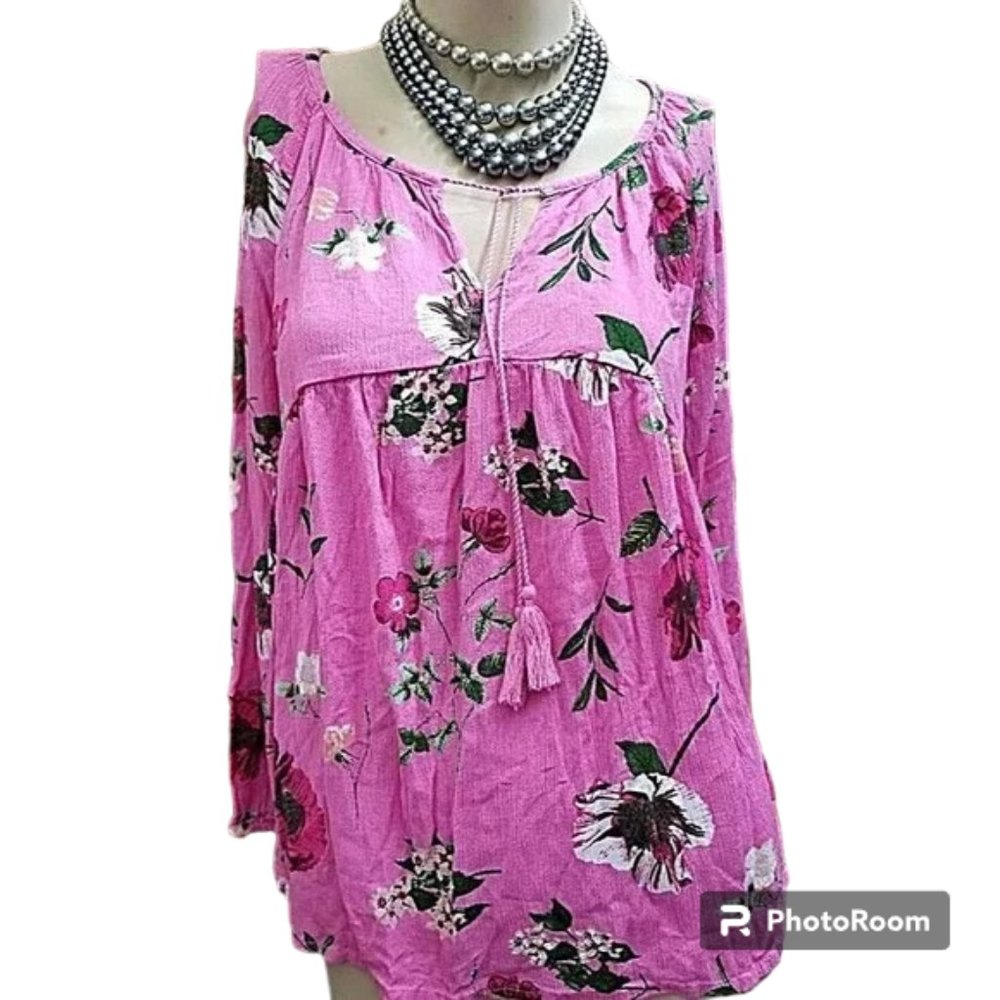 Old Navy Pink Floral Babydoll Shirt Drawstring Size M Boho Women's Hippie